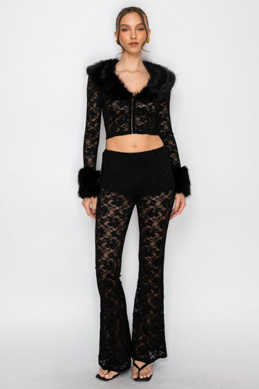 Faux Fur Trim Lace Shirt & Pants Set - Black - Palazzo Couture Online