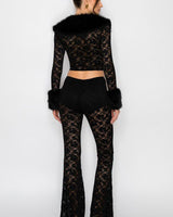 Faux Fur Trim Lace Shirt & Pants Set - Black - Palazzo Couture Online