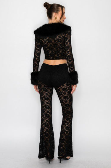 Faux Fur Trim Lace Shirt & Pants Set - Black - Palazzo Couture Online