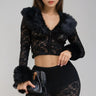 Faux Fur Trim Lace Shirt & Pants Set - Black - Palazzo Couture Online