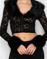 Faux Fur Trim Lace Shirt & Pants Set - Black - Palazzo Couture Online