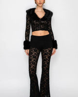 Faux Fur Trim Lace Shirt & Pants Set - Black showing coordinated top and pants construction