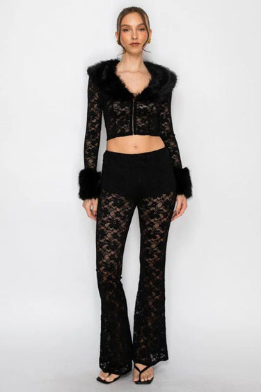 Faux Fur Trim Lace Shirt & Pants Set - Black showing coordinated top and pants construction