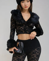 Faux Fur Trim Lace Shirt & Pants Set - Black front view showing complete two piece pant set