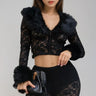 Faux Fur Trim Lace Shirt & Pants Set - Black front view showing complete two piece pant set