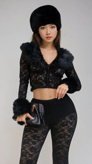 Faux Fur Trim Lace Shirt & Pants Set - Black front view showing complete two piece pant set