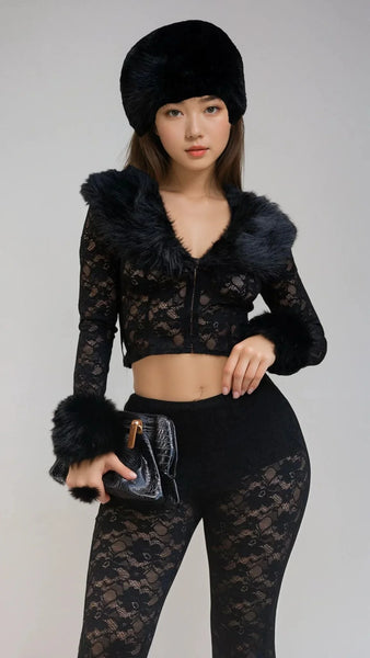 Faux Fur Trim Lace Shirt & Pants Set - Black | Pant Set – Palazzo