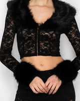 Faux Fur Trim Lace Shirt & Pants Set - Black side view showing pants silhouette and fit