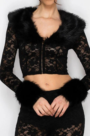 Faux Fur Trim Lace Shirt & Pants Set - Black side view showing pants silhouette and fit