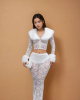 Faux Fur Trim Lace Shirt & Pants Set - White - Palazzo Couture Online