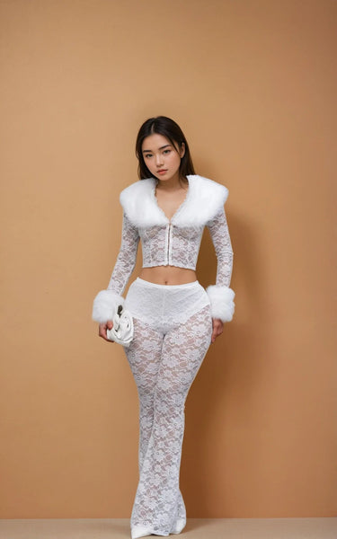 Faux Fur Trim Lace Shirt & Pants Set - White - Palazzo Couture Online