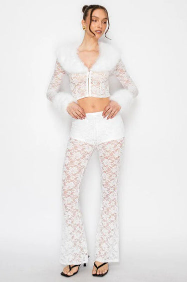 Faux Fur Trim Lace Shirt & Pants Set - White close up of lace top design and fabric detail