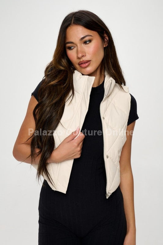 Faux Leather Cropped Puffer Vest (Cream) Small / Cream Top