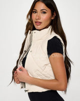 Faux Leather Cropped Puffer Vest – Quilted Vegan Outerwear - Cream - Palazzo Couture Online