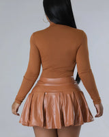 Dalia Mocha Faux Leather Skirt – High-Waist Pleated Mini - view 2