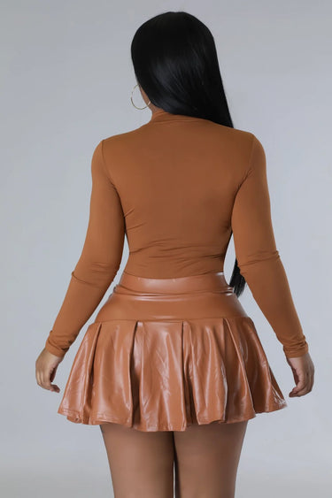 Dalia Mocha Faux Leather Skirt – High-Waist Pleated Mini - view 2