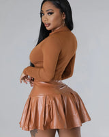 Dalia Mocha Faux Leather Skirt – High-Waist Pleated Mini - view 3