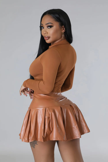 Dalia Mocha Faux Leather Skirt – High-Waist Pleated Mini - view 3