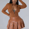 Dalia Mocha Faux Leather Skirt – High-Waist Pleated Mini - front view
