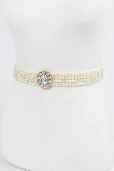 Faux Pearl Rhinestone Stretch Waist Belt - stylish belt for dresses and outfits
