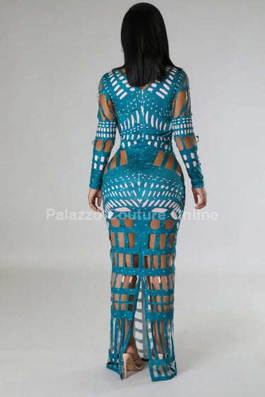 Feel Me Green Maxi Dress with Cutout Details showing sophisticated construction details