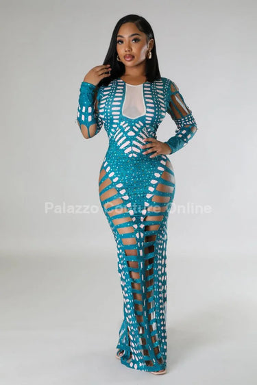 Feel Me Green Maxi Dress with Cutout Details front view showing full-length maxi silhouette