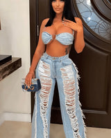 Feeling Artsy Denim Pants Set – Distressed Two-Piece Denim Look front view showing complete two piece pant set