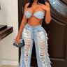 Feeling Artsy Denim Pants Set – Distressed Two-Piece Denim Look front view showing complete two piece pant set