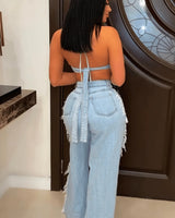 Feeling Artsy Denim Pants Set – Distressed Two-Piece Denim Look close up of denim top design and fabric detail