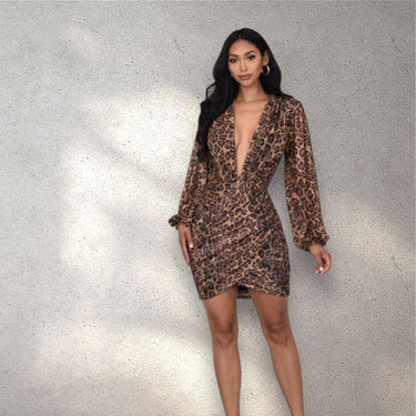 Fierce Allure Mesh Ruched Mini Dress - Brown Multi - Palazzo Couture Online