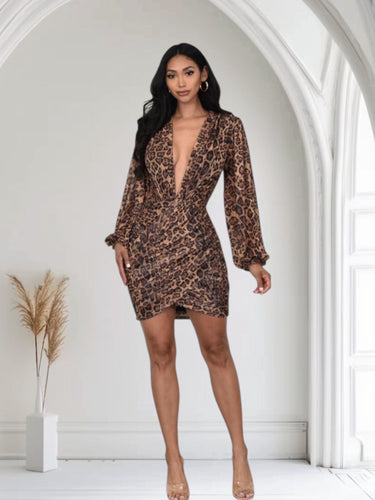 Fierce Allure Mesh Ruched Mini Dress - Brown Multi - Palazzo Couture Online