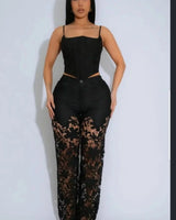 Fierce Bloom Lace Pants  Black close up of stylish fabric and construction detail