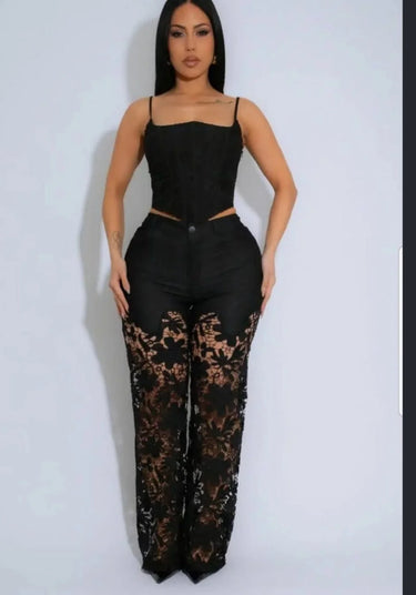 Fierce Bloom Lace Pants  Black close up of stylish fabric and construction detail
