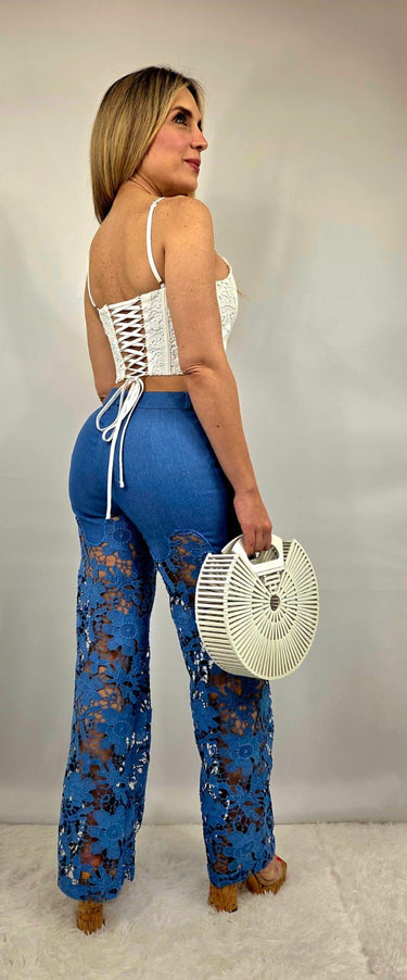 Fierce Bloom Lace Pants Denim Blue - Palazzo Couture Online