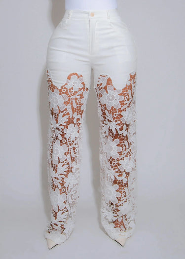 Fierce Bloom Lace Pants  White front view showing pants fit and silhouette