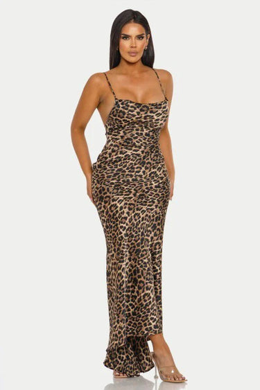Fierce Desire Maxi Dress – Leopard Print front view showing full-length maxi silhouette