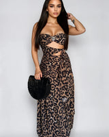Fierce Elegance Leopard Cut-Out Maxi Dress- Cheetah front view showing full-length maxi silhouette