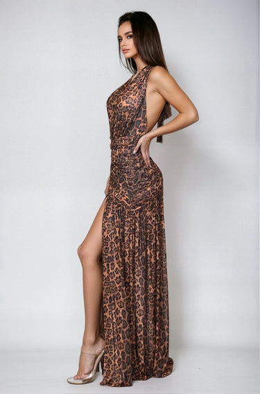 Fierce Elegance Leopard Mesh Maxi Dress - Palazzo Couture Online
