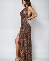 Fierce Elegance Leopard Mesh Maxi Dress close up detail of mesh design and fabric