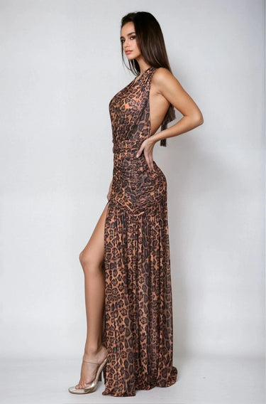 Fierce Elegance Leopard Mesh Maxi Dress close up detail of mesh design and fabric