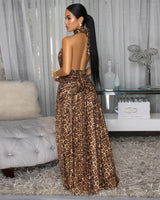 Elegant  mesh maxi dress on model styled for evening event