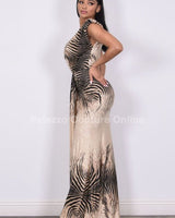 Fierce Safari Maxi Dress - Beige & Black Zebra Print - Palazzo Couture Online