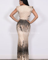 Fierce Safari Maxi Dress - Beige & Black Zebra Print - Palazzo Couture Online