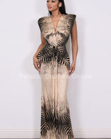 Fierce Safari Maxi Dress - Beige & Black Zebra Print - Palazzo Couture Online