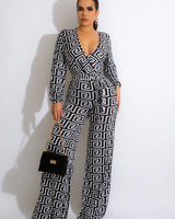 Find a Way Black and Ivory Printed Jumpsuit with Tie Waist - women's one-piece outfit for going out