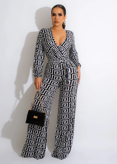 Find a Way Black and Ivory Printed Jumpsuit with Tie Waist - women's one-piece outfit for going out