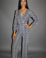 Find a Way Black and Ivory Printed Jumpsuit with Tie Waist for women - stylish jumpsuit by Palazzo Couture