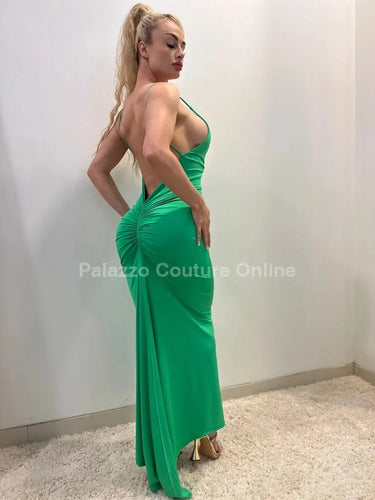 First Choice Lime Maxi Dress – Deep V Elegant Fit side view highlighting floor-length hemline