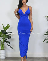 First Choice Royal Blue Maxi Dress – Deep V Elegant Fit close up detail of elegant design and fabric