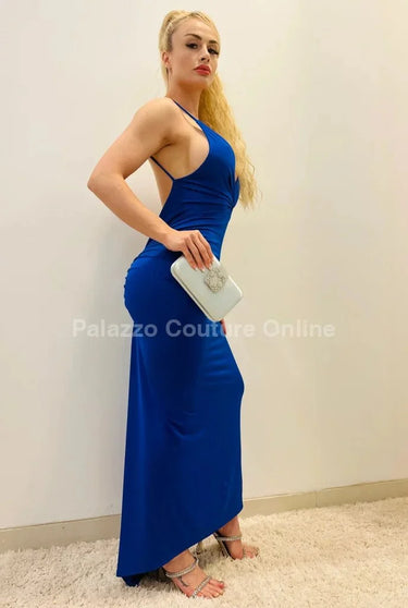 First Choice Royal Blue Maxi Dress – Deep V Elegant Fit side view highlighting floor-length hemline